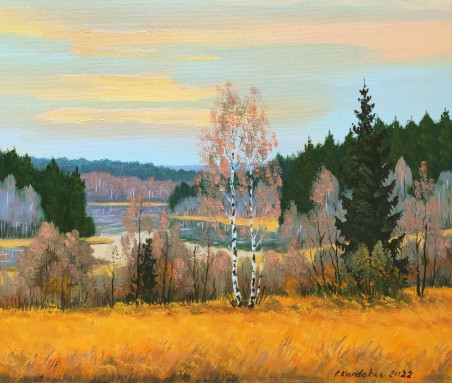 Strėva. Autumn original painting by Petras Kardokas. Home