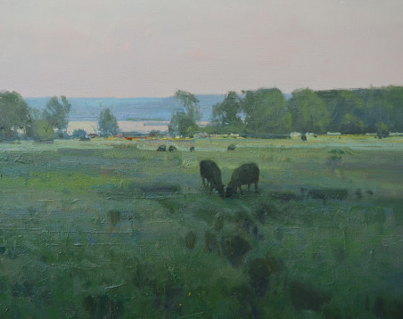 In the Field by the Sea original painting by Vytautas Laisonas. Lithuanian Landscape Paintings