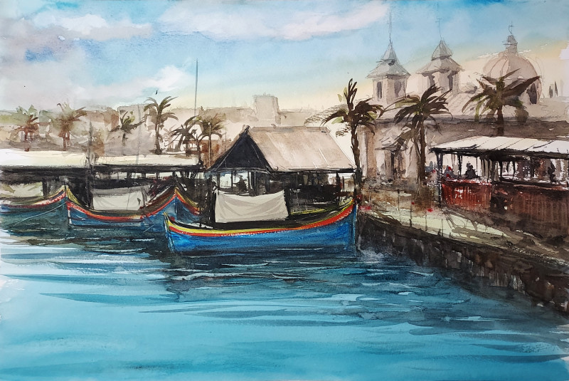 Marsaxlokk Village, Malta original painting by Eugis Eidukaitis. Home