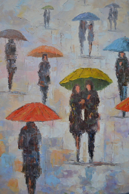 Rain In The City original painting by Rimantas Virbickas. Paintings With People