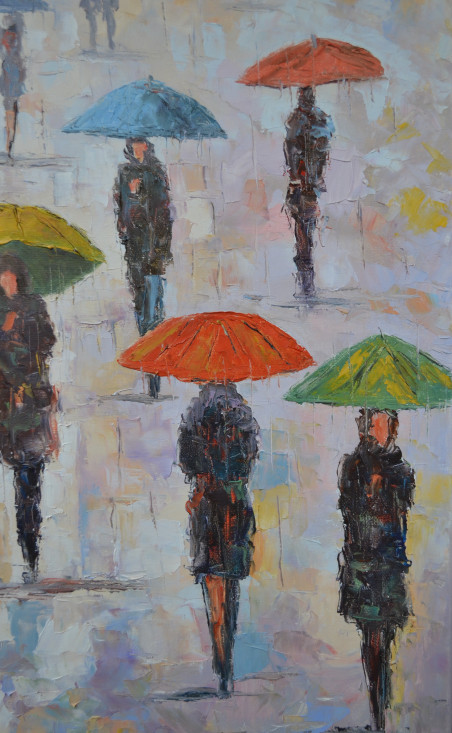 Rain In The City original painting by Rimantas Virbickas. Paintings With People