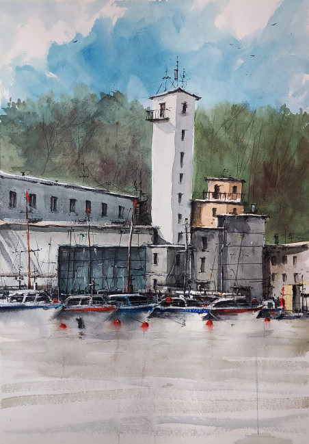 Yacht Club original painting by Eugis Eidukaitis. Home