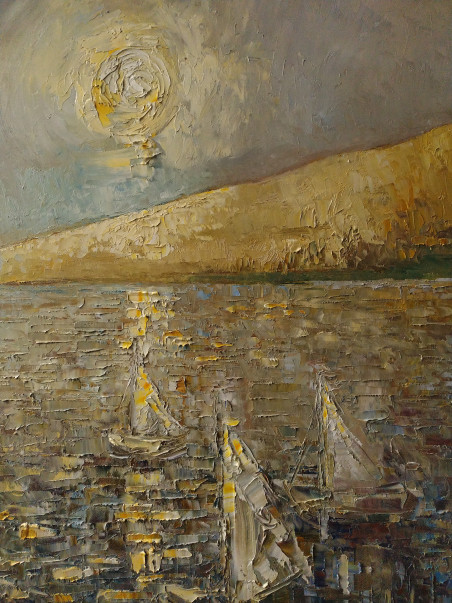 Boats in the Bay original painting by Simonas Gutauskas. Lithuanian Landscape Paintings