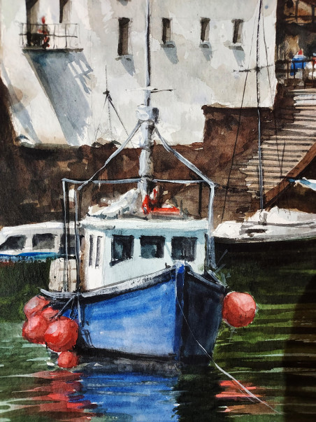 Fishing village. Memories of warm lands original painting by Eugis Eidukaitis. Marine Art