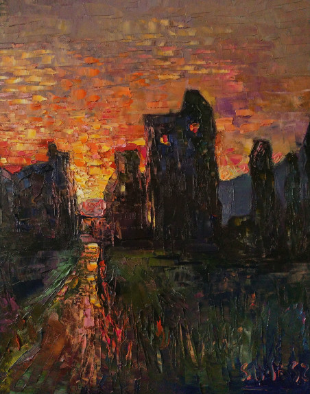 Sunset by the Old Castle original painting by Simonas Gutauskas. Home