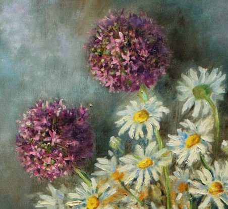 The First Daisies original painting by Irma Pažimeckienė. Still-Life