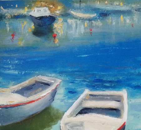 Boats in Kotor original painting by Vidmantas Jažauskas. Marine Art