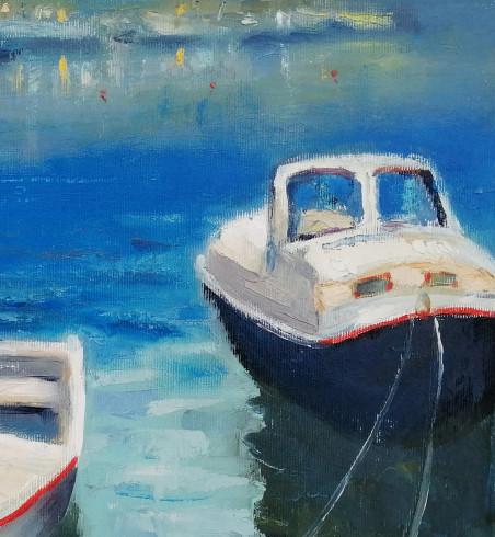 Boats in Kotor original painting by Vidmantas Jažauskas. Marine Art