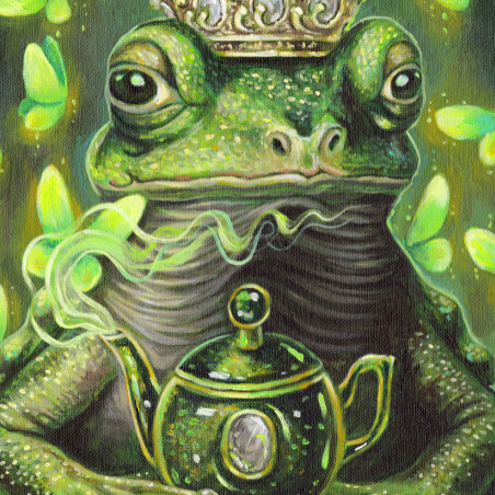 Frog king and tea time original painting by Julija Fokina. Fantastic