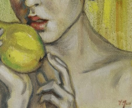 A Girl with a Pear original painting by Vidmantas Jažauskas. Portrait