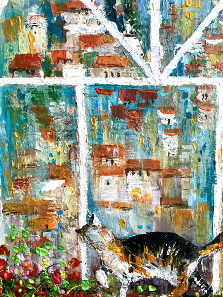 Reflections in the Window And the Old Town Cat original painting by Nijolė Grigonytė Lozovska. Animalistic Paintings