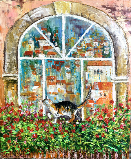 Reflections in the Window And the Old Town Cat original painting by Nijolė Grigonytė Lozovska. Animalistic Paintings