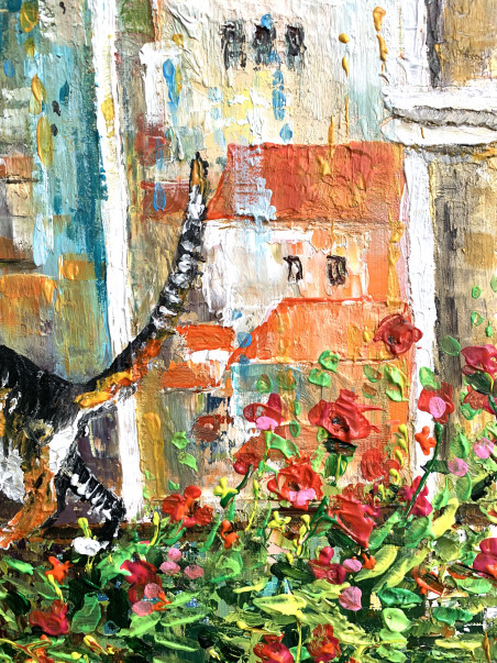 Reflections in the Window And the Old Town Cat original painting by Nijolė Grigonytė Lozovska. Animalistic Paintings