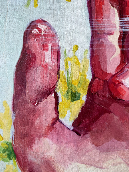 Hand study among rue flowers original painting by Birutė Remeikytė. Home