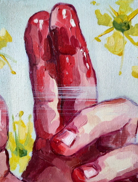 Hand study among rue flowers original painting by Birutė Remeikytė. Home