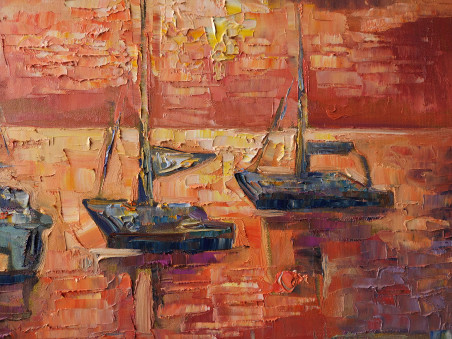 Pink evening at the port original painting by Simonas Gutauskas. Home