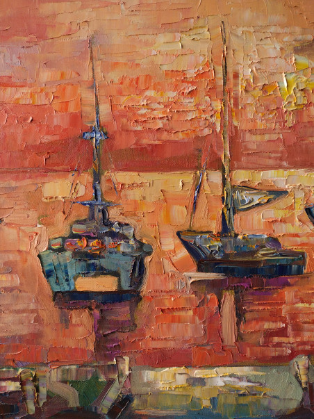 Pink evening at the port original painting by Simonas Gutauskas. Home