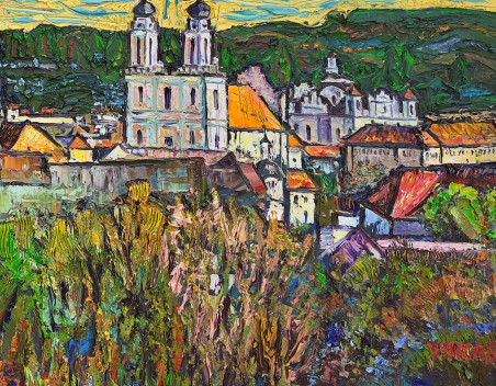 Vilnius at dawn (dedicated to the 700th anniversary of Vilnius) original painting by Vincas Andrius (Vincas Andriušis). Paint...