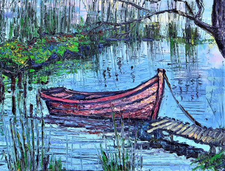 The landscape of the lake with a boat in the evening original painting by Vincas Andrius (Vincas Andriušis). Home