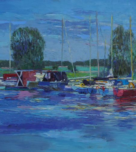 Yachts in Minija original painting by Šarūnas Šarkauskas. Lithuanian Landscape Paintings