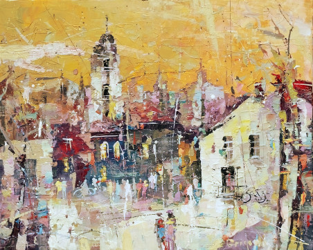 Warm Evening In The Old Town original painting by Česlovas Grigonis. Urbanistic - Cityscape