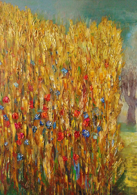 Path in the rye. Oak trees original painting by Simonas Gutauskas. Home