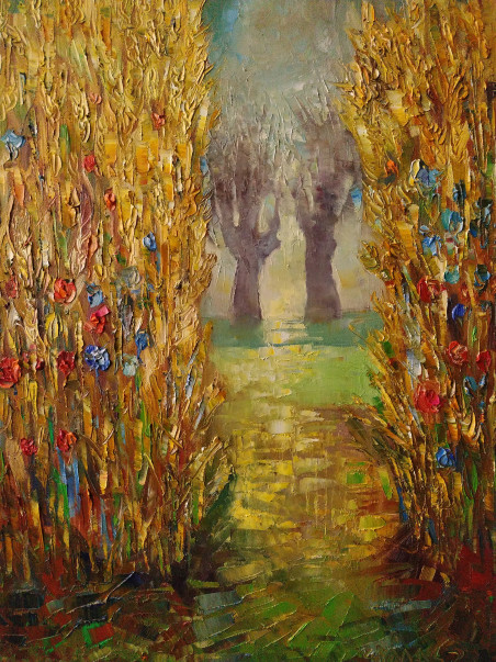 Path in the rye. Oak trees original painting by Simonas Gutauskas. Home