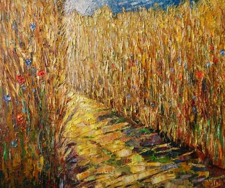 Path in the rye. Clouds original painting by Simonas Gutauskas. Picked landscapes