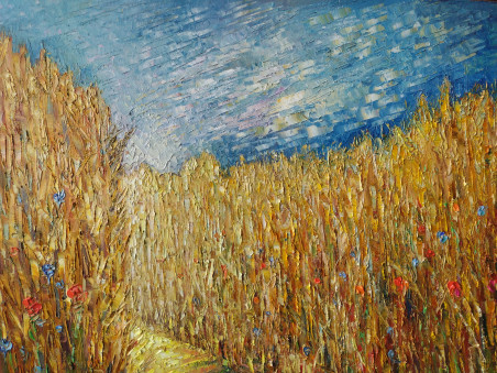 Path in the rye. Clouds original painting by Simonas Gutauskas. Picked landscapes