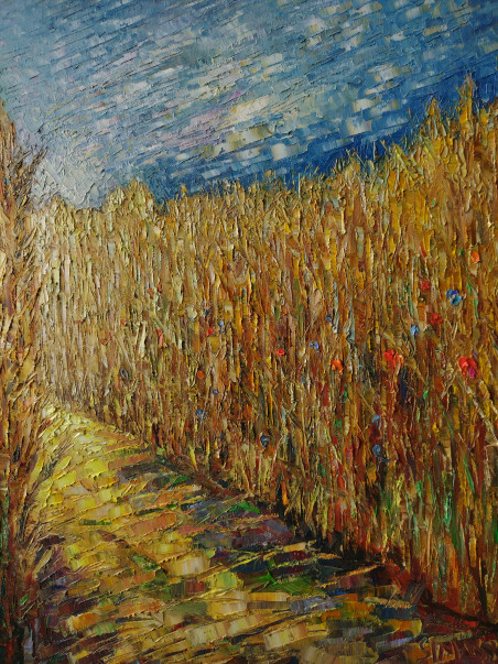 Path in the rye. Clouds original painting by Simonas Gutauskas. Picked landscapes