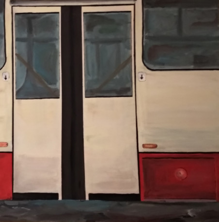 Trolleybus door original painting by Laura Mickutė. Home