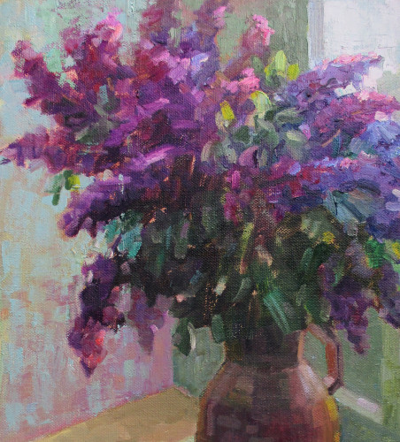 Blooming lilacs on the porch original painting by Liudvikas Daugirdas. Home