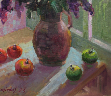 Blooming lilacs on the porch original painting by Liudvikas Daugirdas. Home