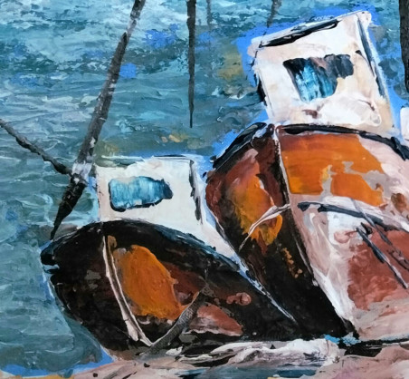 Ships on the coast of the lagoon original painting by Vaclovas Vekerotas. Home