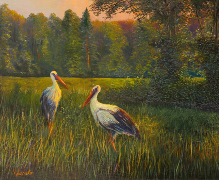 Storks. Evening original painting by Vladimiras Jarmolo. Animalistic Paintings