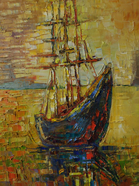 Sailboat Reflection II original painting by Simonas Gutauskas. Simonas Gutauskas Art