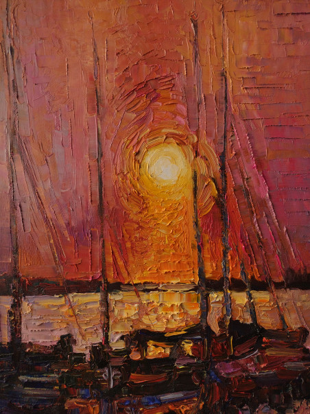 Sunset in Port original painting by Simonas Gutauskas. Simonas Gutauskas Art