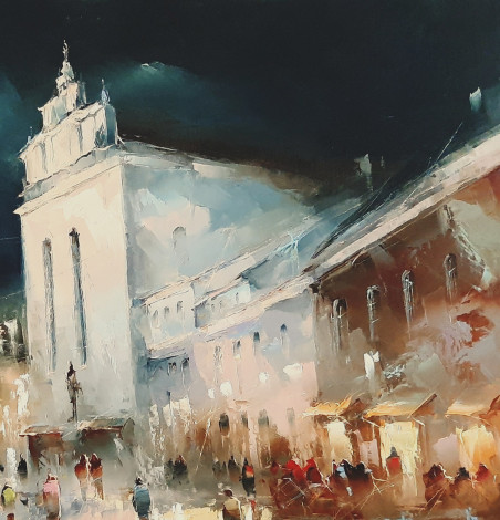 Pilis Street original painting by Rimantas Grigaliūnas. Urbanistic - Cityscape