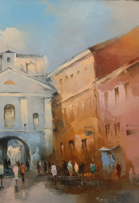 Vilnius corner original painting by Rimantas Grigaliūnas. Urbanistic - Cityscape