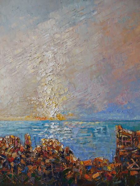 City by the sea original painting by Simonas Gutauskas. Lithuanian Landscape Paintings