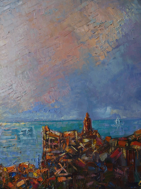 City by the sea original painting by Simonas Gutauskas. Lithuanian Landscape Paintings