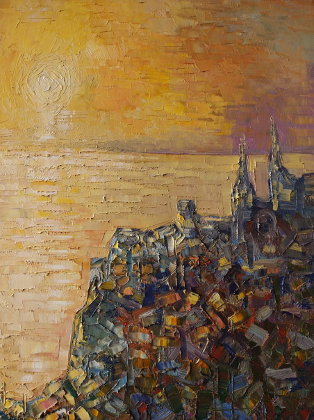 City by the sea II original painting by Simonas Gutauskas. Lithuanian Landscape Paintings