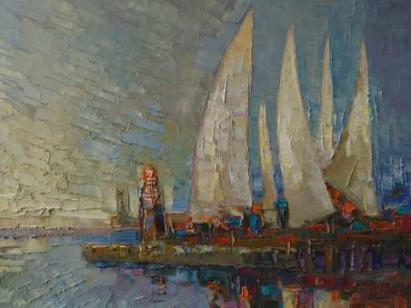 Sails in port original painting by Simonas Gutauskas. Marine Art