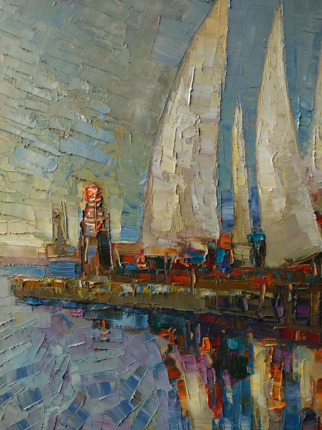 Sails in port original painting by Simonas Gutauskas. Marine Art