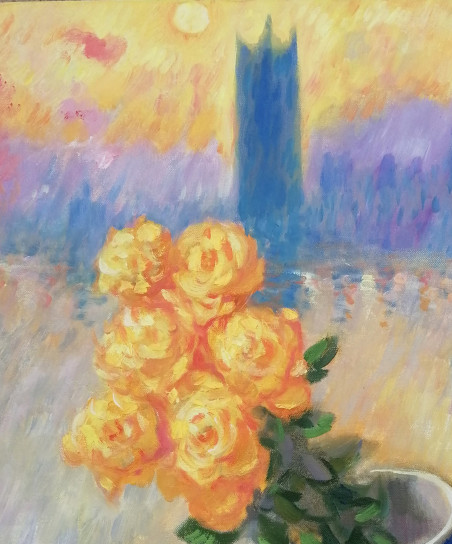 Yellow Roses in Monet Landscape original painting by Vidmantas Jažauskas. Flowers