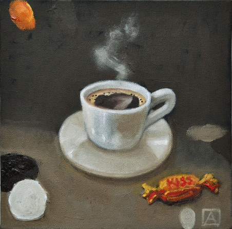 Coffee and candy Kiss original painting by Artūras Braziūnas. Still-Life