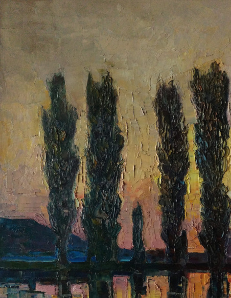 Poplars on the embankment original painting by Simonas Gutauskas. Picked landscapes