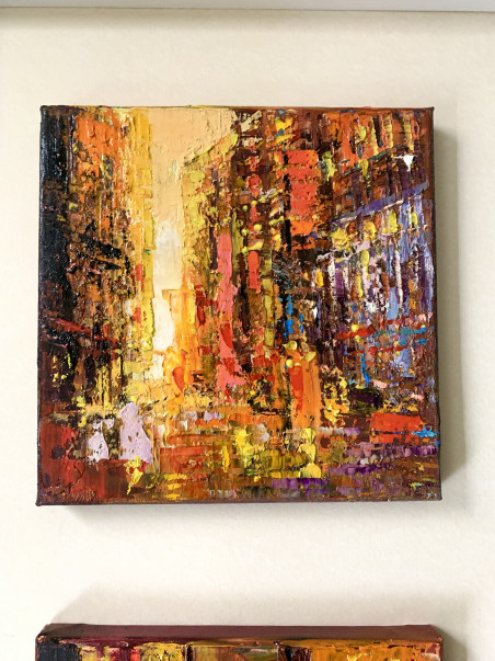 In the rhythm of the city: morning, day, evening, night original painting by Nijolė Grigonytė Lozovska. Urbanistic - Cityscape