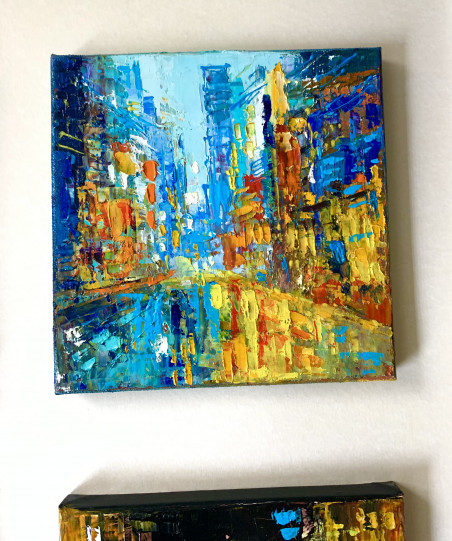 In the rhythm of the city: morning, day, evening, night original painting by Nijolė Grigonytė Lozovska. Urbanistic - Cityscape