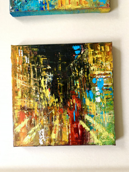 In the rhythm of the city: morning, day, evening, night original painting by Nijolė Grigonytė Lozovska. Urbanistic - Cityscape